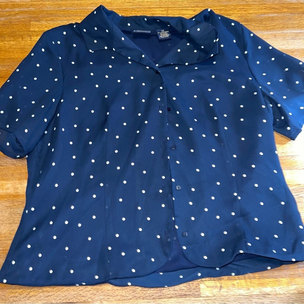 Laura Scott Women 14 Navy White Polka Dots Collar Square Button Up Blouse